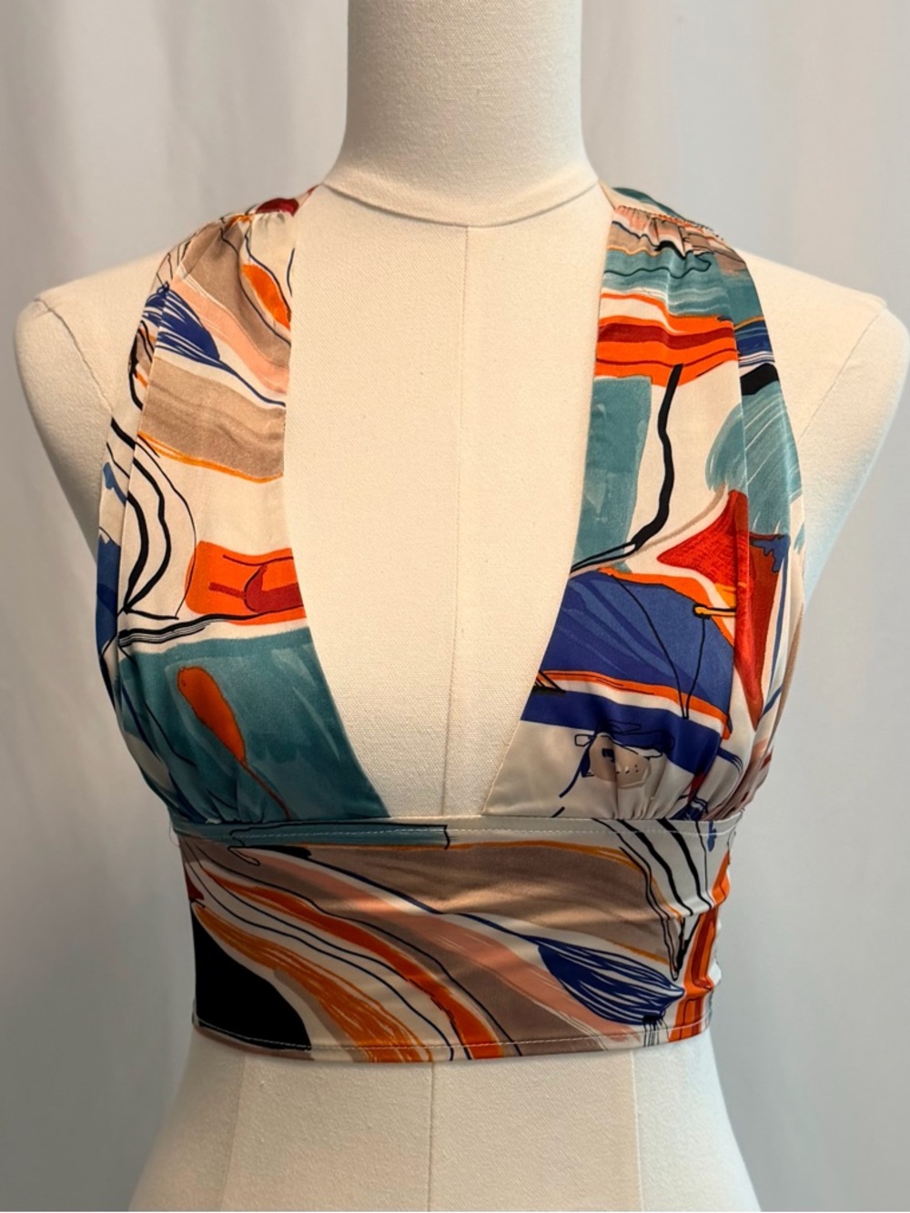 12th Tribe XS Halter Top Colorful Abstract Tie Back Low Cut Festival Vacation